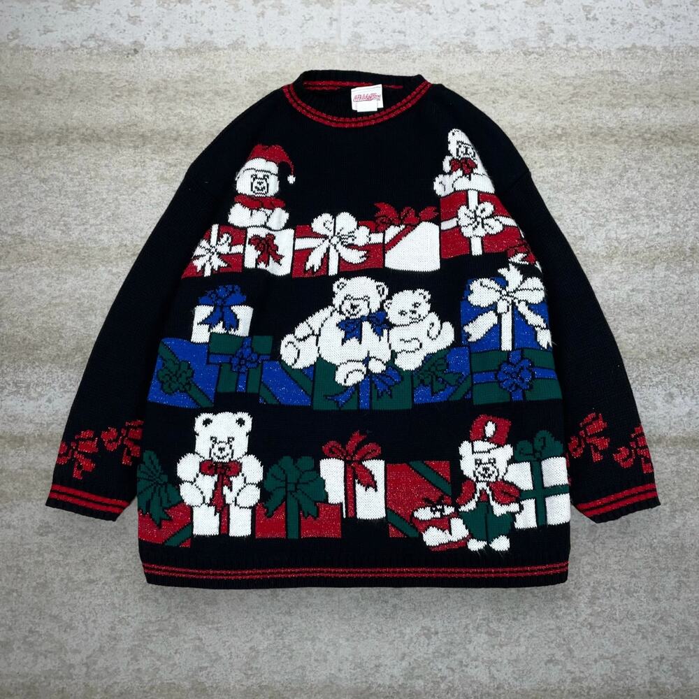 Vintage 90s Chrismas Bears Sweater Womens M Jet Black Pullover Made in USA - Picture 1 of 3